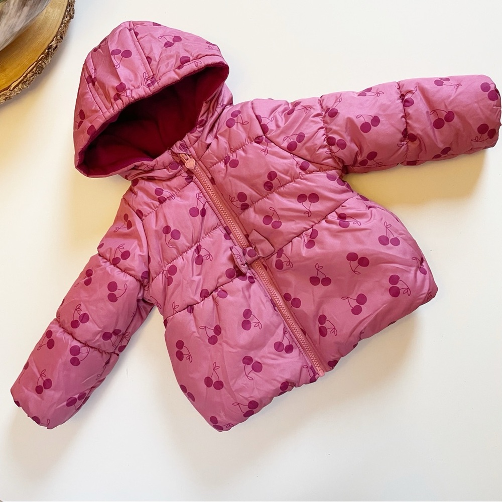 Toddler Cherry Print Pink Fleece Lined Winter Coat | 2T